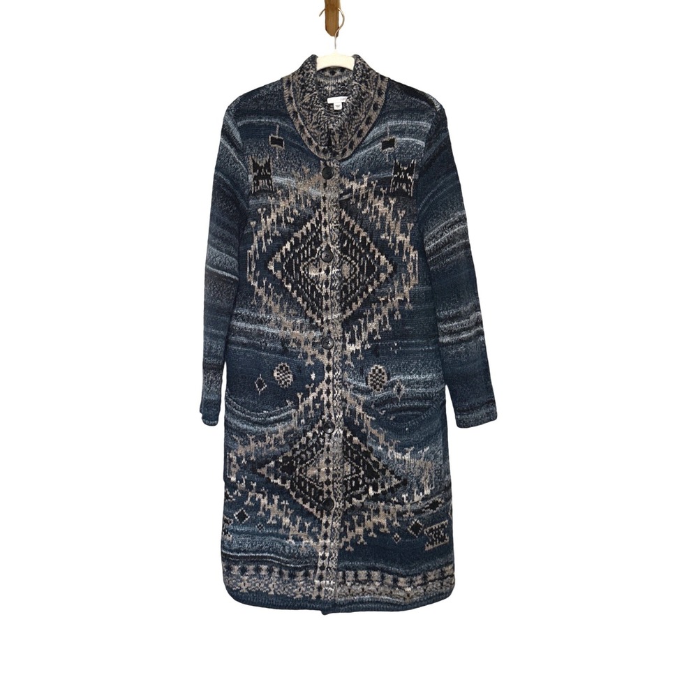 J. Jill Large Wool Blend Long Sweater Cardigan Boho Southwestern Print Geometric